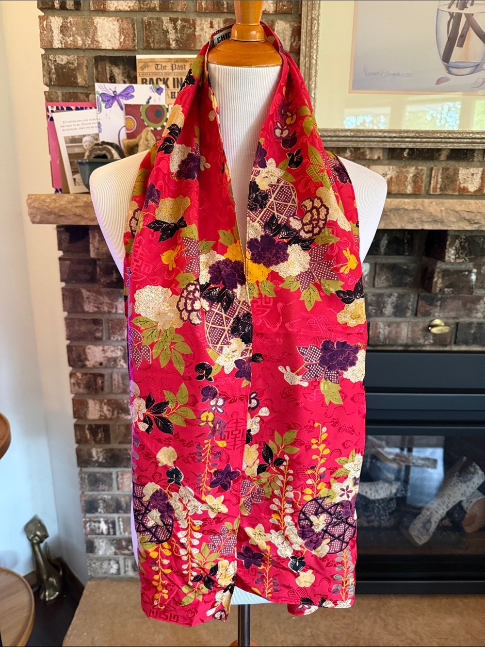 CHICOS red floral Asian style long polyester scarf. Beautiful!!